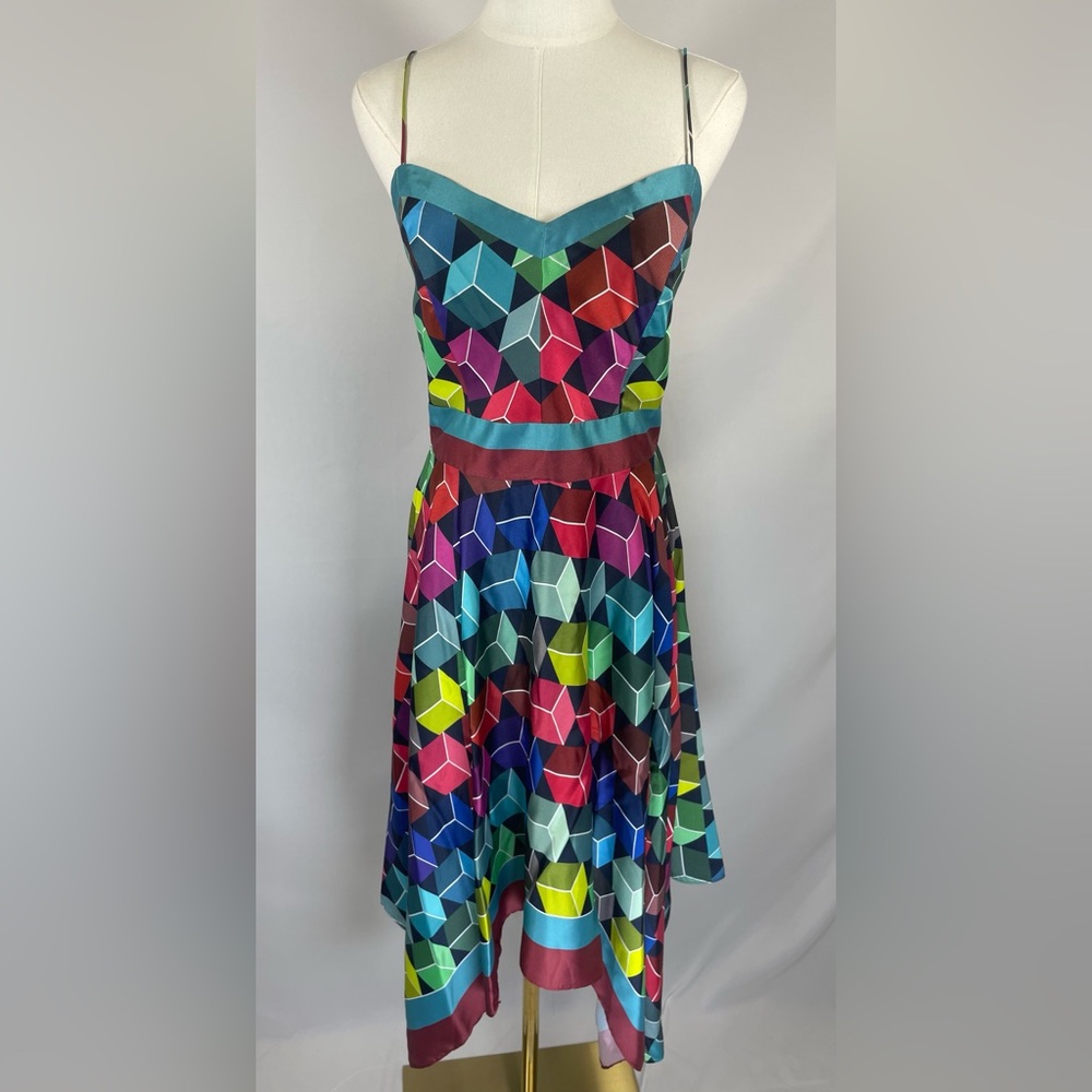 NWT MILLY 3D Cube Handkerchief Hem Blue Green Red Purple Midi Dress - Size 10